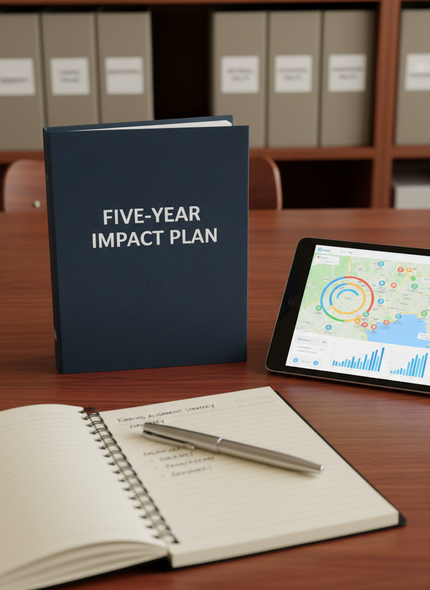 A close-up, photographic realist image of a polished wooden desk displaying a carefully curated set of public health planning tools: a dark blue bound strategy report labeled "Five-Year Impact Plan," a tablet showing an interactive map of community health indicators, and a slim silver pen resting on a lined notebook with neatly written funding alignment notes. In the background, softly blurred shelves hold neutral-toned binders labeled with different program areas. Soft, diffused overhead lighting casts minimal shadows and creates a calm, focused atmosphere. Captured from a slightly elevated angle with a shallow depth of field, the composition feels clean, professional, and methodical, evoking trust, precision, and ethical decision-making support.